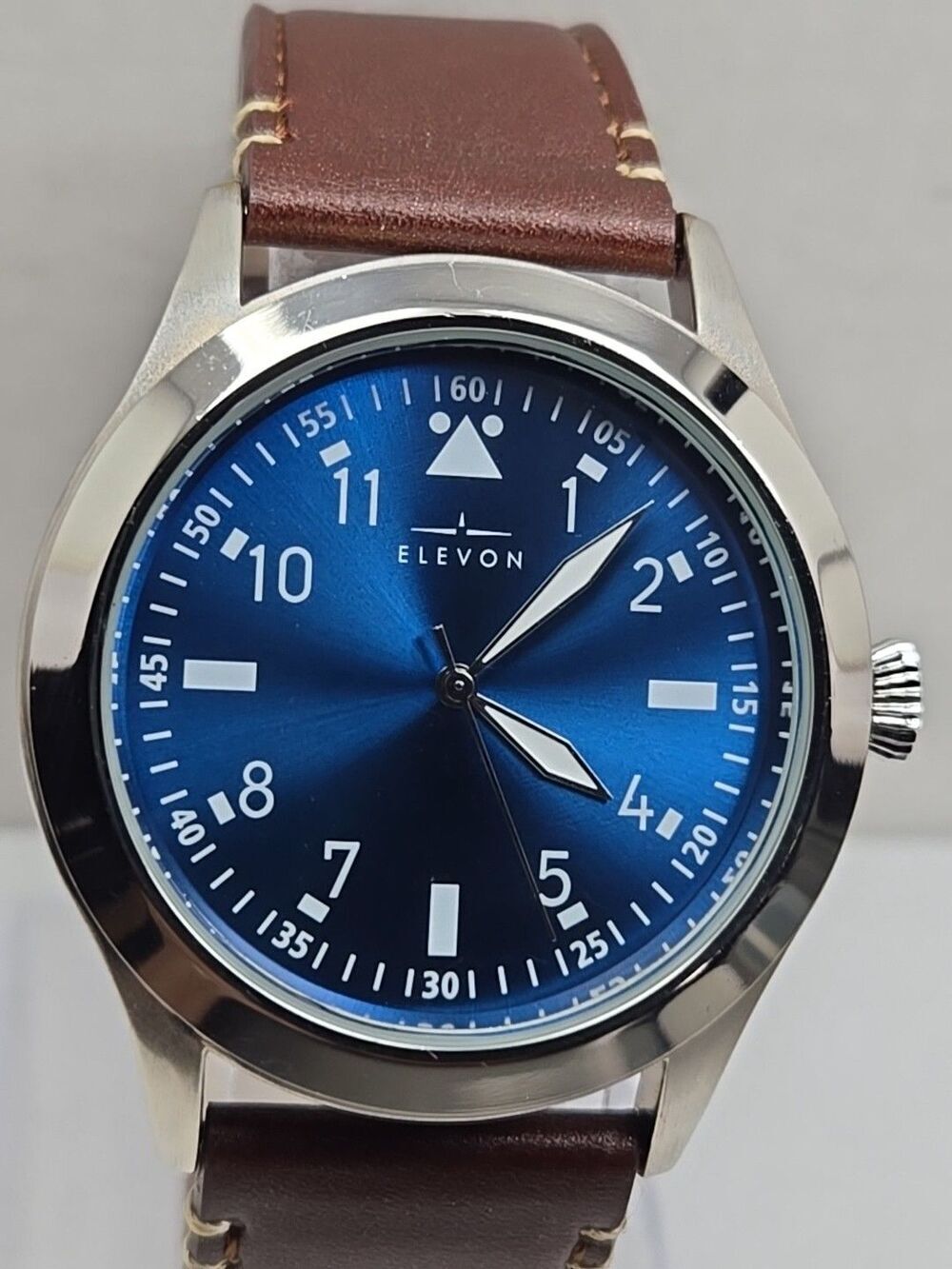 Elevon Hanson Blue Dial Pilot Watch Brown Leather Strap New Battery 42mm - Picture 4 of 12
